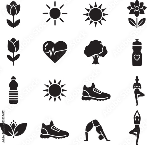 Set of healthy lifestyle icons for fitness, nature, sun, yoga, and exercise vector illustration