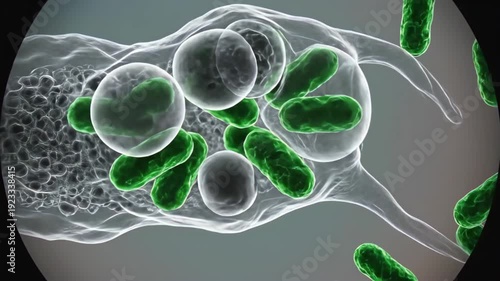 Microscopic view of a protist engulfing green rod-shaped bacteria cells in a dynamic cellular process, showcasing phagocytosis and internal digestion within a scientific research context, educational