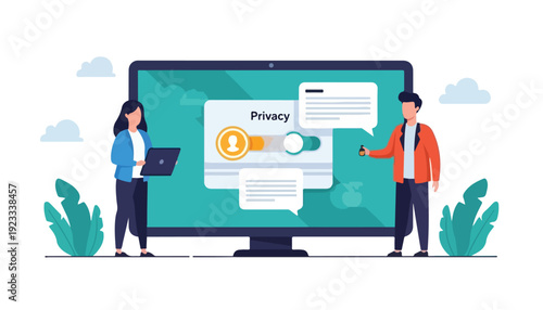 Two people managing digital privacy settings on a large computer screen using a laptop and smartphone.