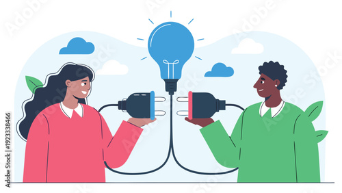 A man and a woman hold power plugs, connecting them to a large blue lightbulb in the center.