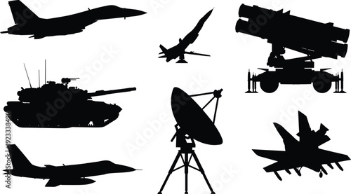 Military defense silhouette set, fighter jets tank missile launcher radar system isolated on white background vector illustration