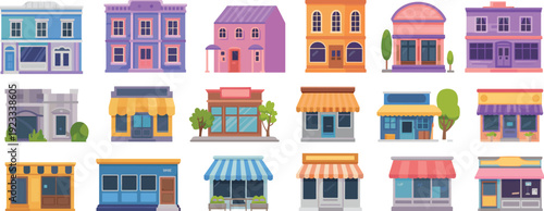 Flat vector illustration set of colorful storefronts shops and city buildings isolated on white background for urban street landscape small business and commercial design