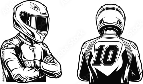 Motocross rider helmet illustration front and back view, racing driver jersey number ten vector design
