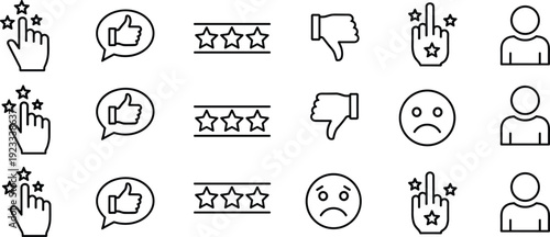 Customer feedback rating icon set vector illustration, thumbs up and down symbols, star ratings and user profile icons, outline, flat