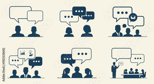 Diverse communication scenarios depicted in vector icons illustrating business interaction