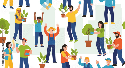 Diverse Community Engaged in Planting Trees and Gardening Activities for a Sustainable Future