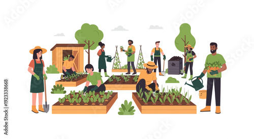 Diverse community gardeners cultivate a flourishing vegetable garden with shared passion and