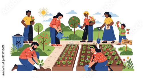 Diverse Community Gardeners Growing Plants and Vegetables in an Urban Garden Together