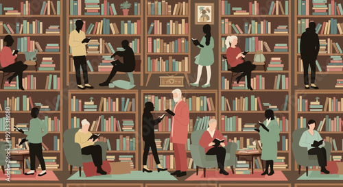 Diverse community of readers enjoying books in a vintage library setting with bookshelves