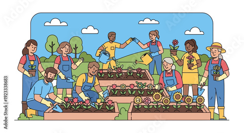 Diverse community gardeners tending to vibrant flowerbeds in a sunny outdoor setting for