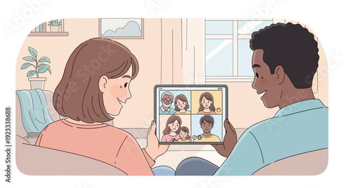 Diverse couple connecting with family through a virtual video call on a tablet device