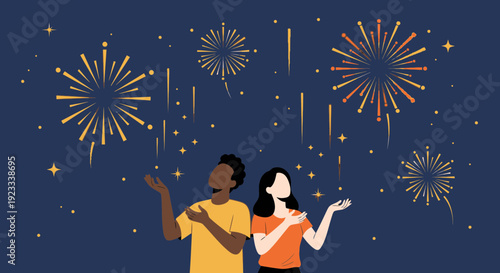 Diverse couple enjoying a firework display under a starry night sky celebration