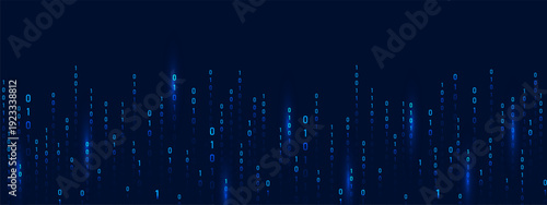 Binary code Rain. Blue matrix and abstract computer background. Technology and security in futuristic cyber space with depth and science fiction. Vector illustration.