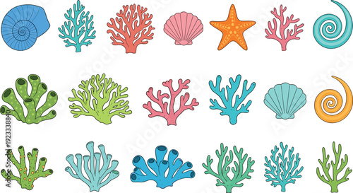 Colorful Coral Reef Elements Set with Sea Plants, Starfish, Shells, and Marine Shapes for Underwater, Ocean, and Aquarium Design Projects
