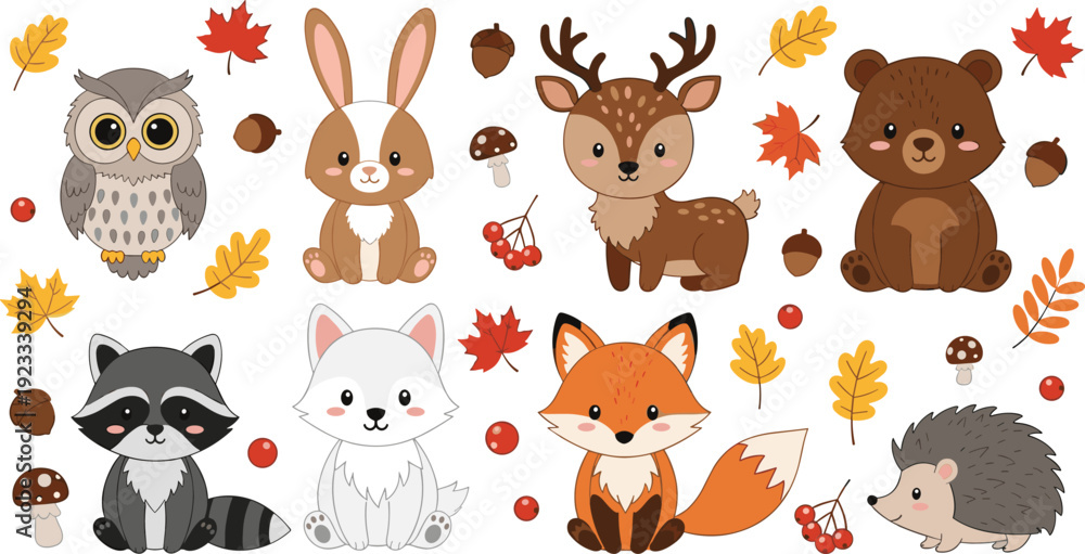 Obraz premium Cute Woodland Animals Collection with Fox, Bear, Deer, Raccoon, Owl, and Autumn Leaves for Kids Illustration, Nursery Decor, and Seasonal Designs