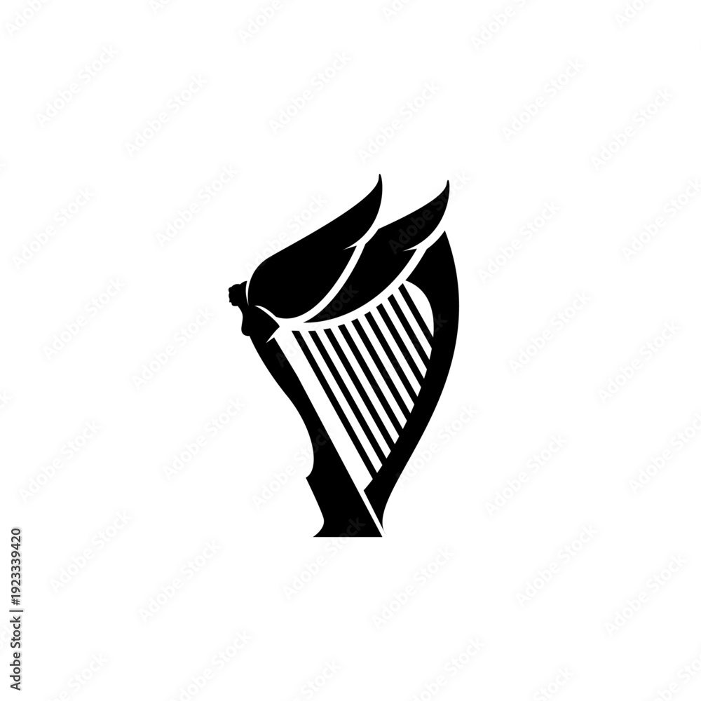 Obraz premium Winged Harp Logo with Stylized Female Head and Angelic Wings Silhouette