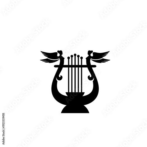 Winged Angel Lyre Silhouette Logo Icon, Classical Music Instrument Symbol