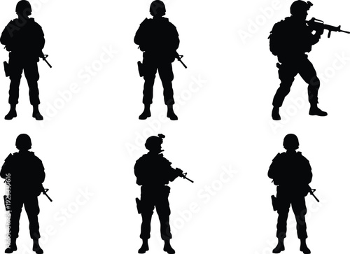 Five silhouetted soldiers holding rifles in tactical formation.