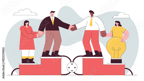 Two businessmen shaking hands on connected platforms, with two women holding hands on the sides and a lightbulb.