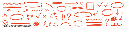Line pen red highlight arrow set. Line pen hand drawn marker stroke red underline, check mark, emphasis. Arrow, star, round frame marker scribble stroke icon elements. Vector illustration