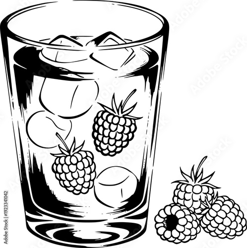 Minimalist Sumi-e Raspberry Fizz Illustration with Brush Stroke
