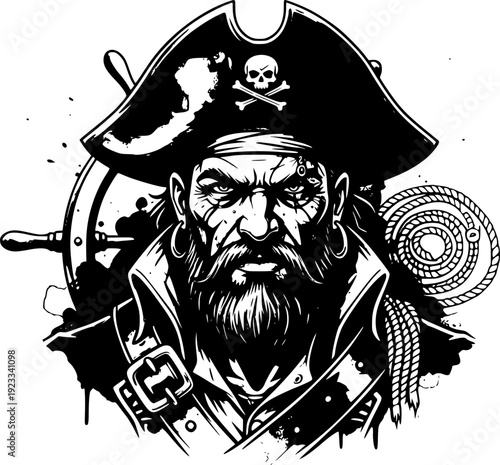 Intense pirate captain portrait in ink wash style, nautical, adv
