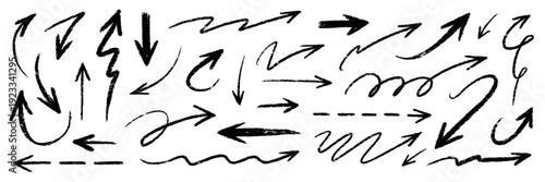 Arrow hand drawn brush line set. Arrow line hand drawn brush chalk pencil crayon stroke marker paint..Rough scribble doodle sketchy underline curve wave angle swirl crayon texture. Vector illustration