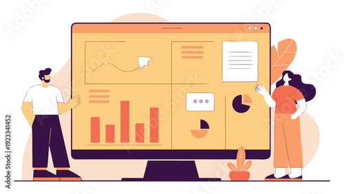 A man and a woman stand next to a large computer monitor displaying various data analytics charts and graphs.