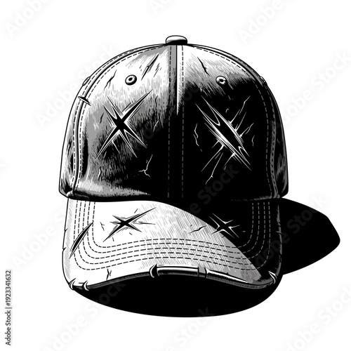 Stylishly scratched baseball cap isolated on a stark white background, showcasing detailed texture and shadow play in monochrome illustration