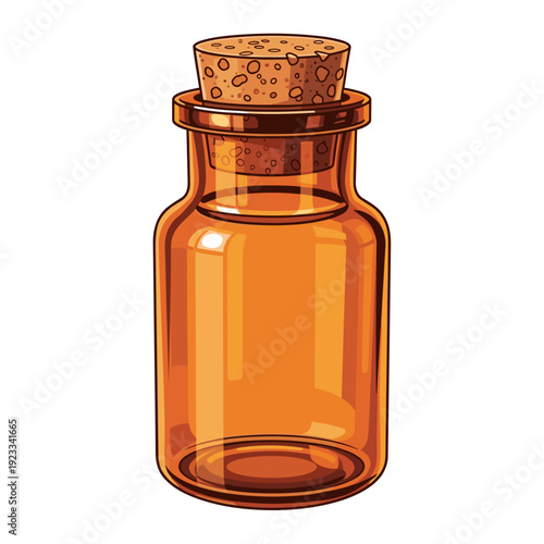 Amber glass apothecary jar with corked top, isolated on white background, showcasing vintage style and intricate details