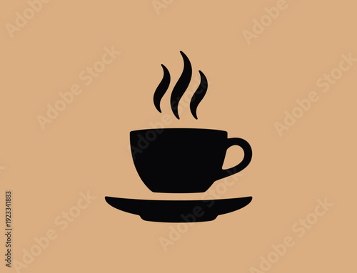 Black Silhouette of a Coffee Cup with Steam on a Saucer