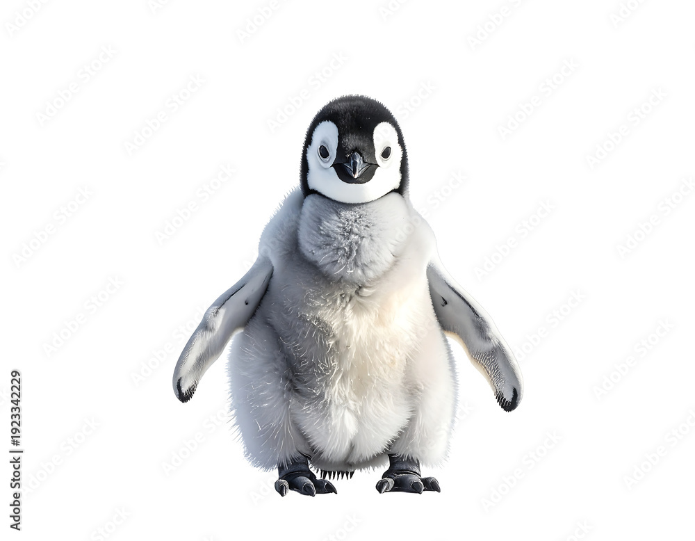 Obraz premium Fluffy Penguin Chick Standing on White Background