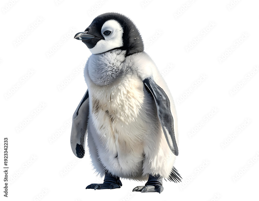 Obraz premium Fluffy Penguin Chick Standing Upright on White Background
