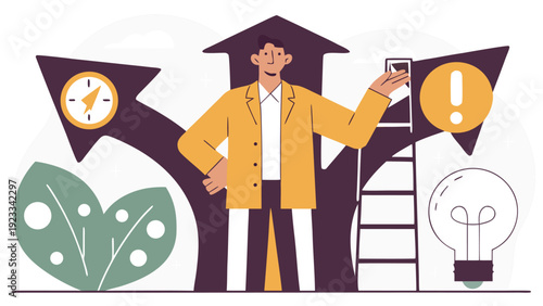 A businessman stands at a crossroads, pointing towards multiple arrow directions with symbols and a lightbulb.