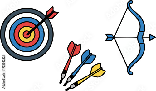 Archery Sports A Collection of Icons Featuring Target, Darts, and a Bow with Arrows for Competitions and Recreation