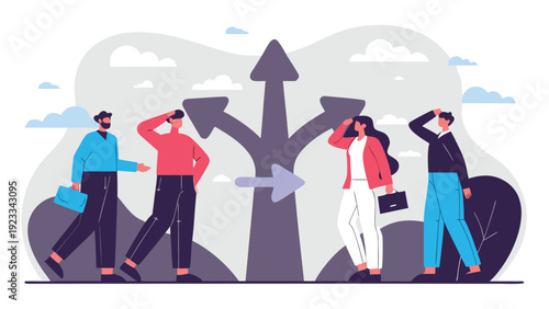 Four people stand around a large, multi-directional arrow sign, with one arrow pointing right.