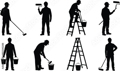 Black vector silhouette set of professional house painters and decorators with paint rollers ladders and buckets for home renovation construction and interior maintenance branding