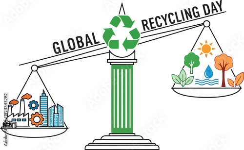 Global Recycling Day illustration with balance scales, recycling symbol, cityscape, and nature icons