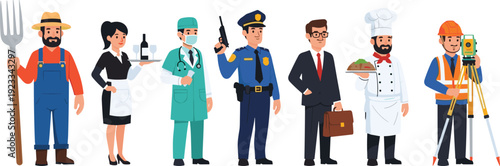 Different Professions Character Set Featuring Farmer Waitress Doctor Police Officer Businessman Chef and Engineer Professional Workers Collection Illustration