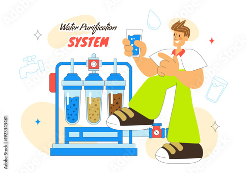 Water Purification System Technology Illustration Featuring Clean Drinking Water Filtration Process With Eco Friendly Industrial Solution Background