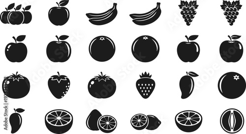 Fruit silhouettes icon mega set, apple banana orange strawberry grape mango symbols, black and white healthy food collection, flat minimal vector illustration
