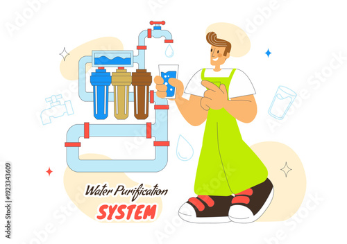 Water Purification System Technology Illustration Featuring Clean Drinking Water Filtration Process With Eco Friendly Industrial Solution Background