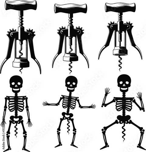 Funny skeleton corkscrew vector illustration, creative combination of skeleton and bottle opener, humorous black silhouette design for Halloween, bar, wine, and beverage concept