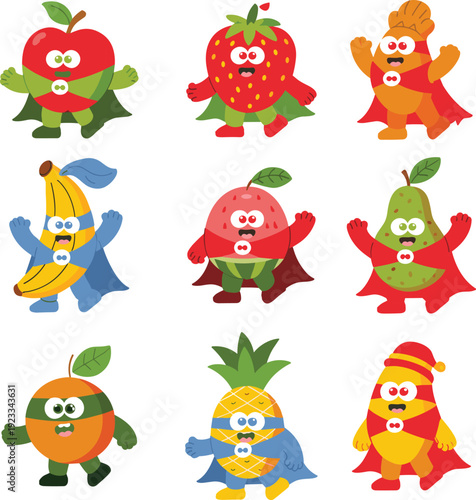 Funny superhero fruit characters vector illustration, cute healthy food cartoon heroes with colorful costumes, creative kids nutrition and wellness concept design