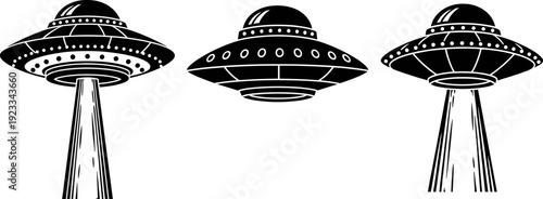 Futuristic UFO spaceship vector illustration with glowing light beams, alien flying saucer design, extraterrestrial technology, sci-fi concept, and modern outer space artwork