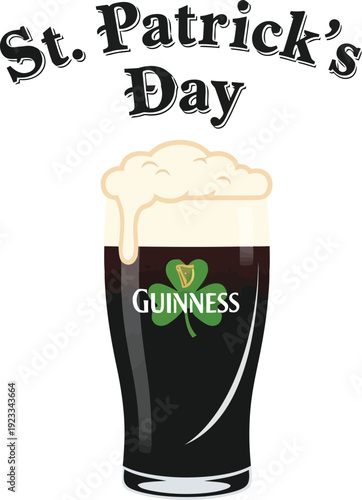 St. Patrick's Day Guinness Beer Illustration with Shamrock and Festive Typography