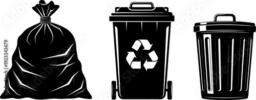 Garbage bag, recycling bin, trash can vector icons set, waste disposal silhouette illustration for sanitation, environment, sustainability, public space, and home use