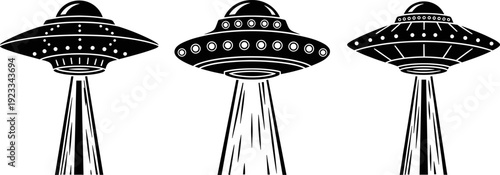 Futuristic UFO spaceship vector illustration with glowing light beams, flying saucer alien design, extraterrestrial technology, science fiction concept, and outer space artwork