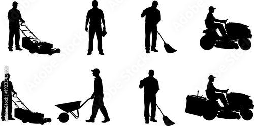 Garden worker silhouettes set, landscaping and lawn care activities, people with tools equipment, black and white outdoor service vector illustration