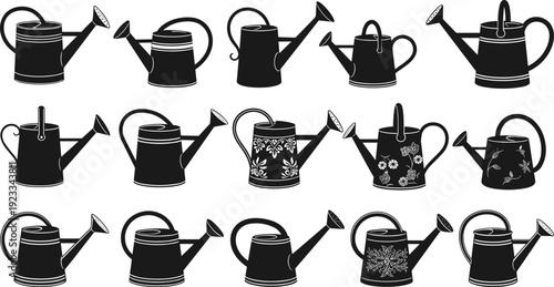 Garden watering can silhouettes set, vintage and modern plant watering cans collection, black vector illustration for gardening tools, landscaping, agriculture design